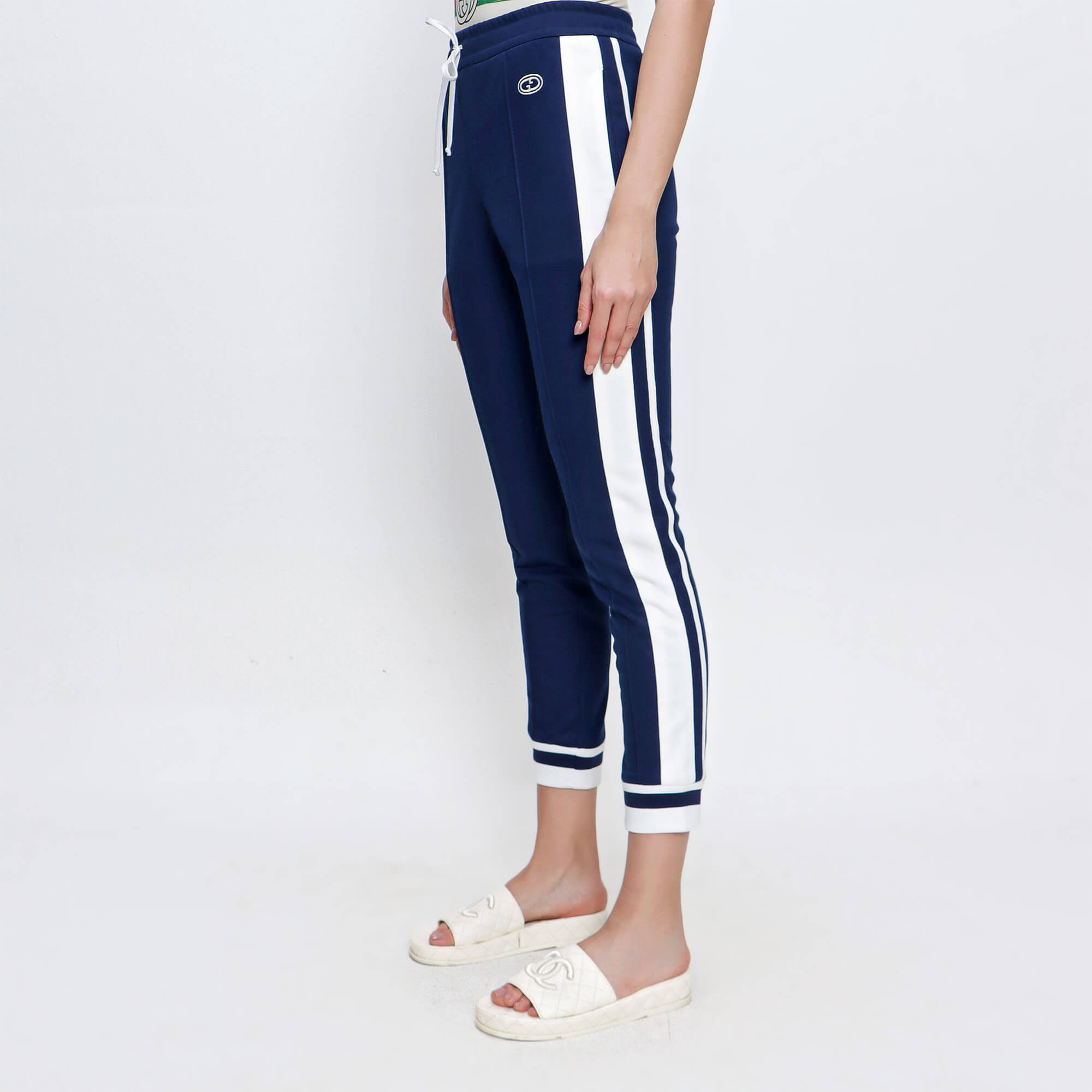 Gucci - Navy White Striped Polyester Sweatpants